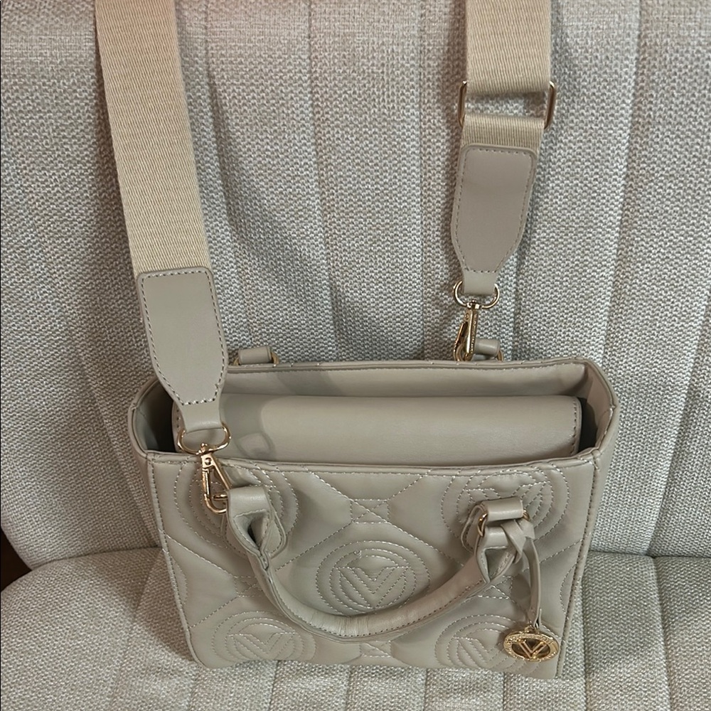 Cream Shoulder Bag with Adjustable Strap and Gold Hardware